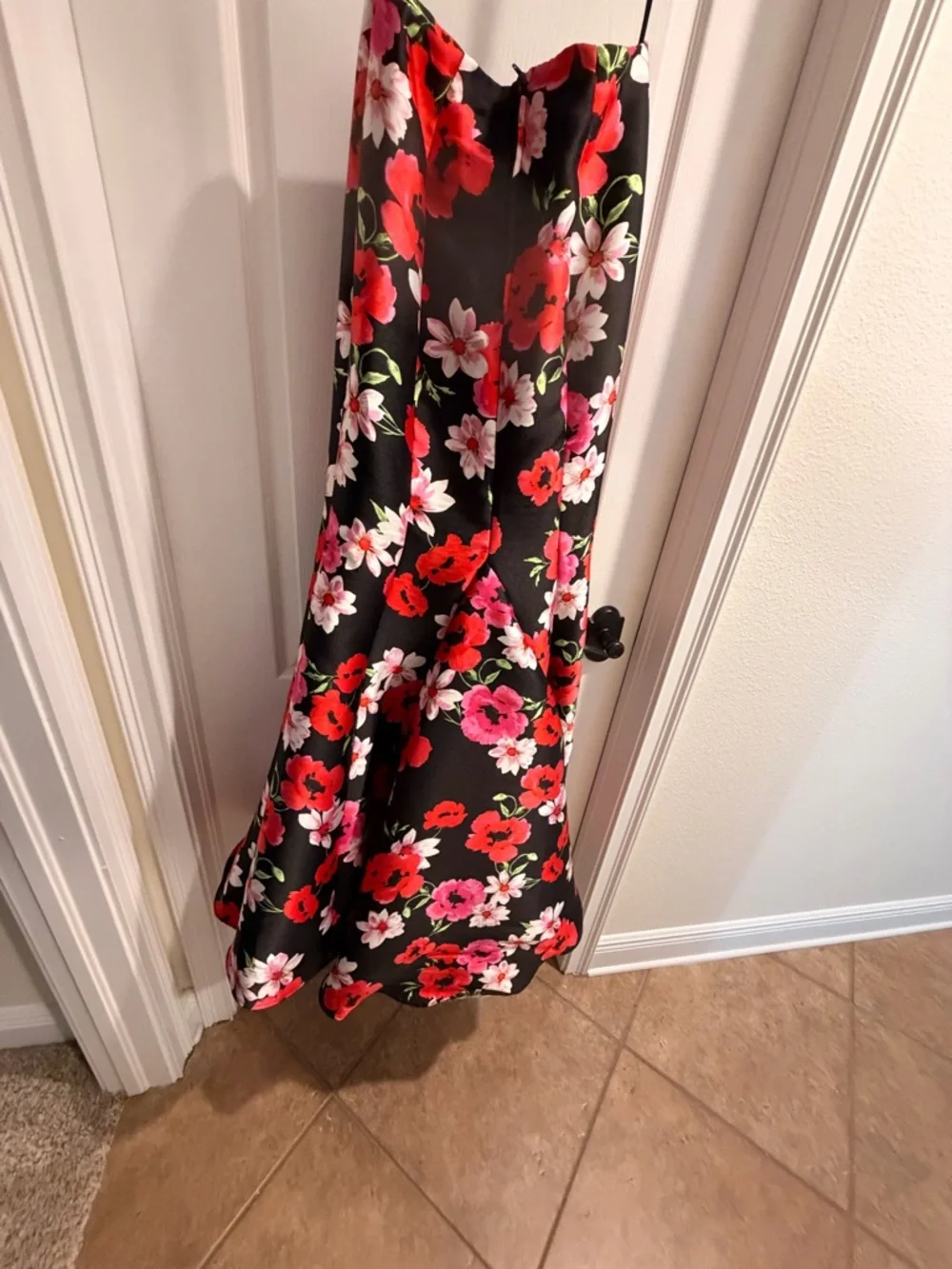 Floral Maxi Skirt in Black with Red & Pink Blooms - Picture 6 of 6